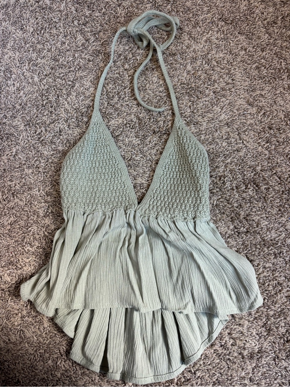 Garage Sage Green Crinkle Halter Babydoll Top
